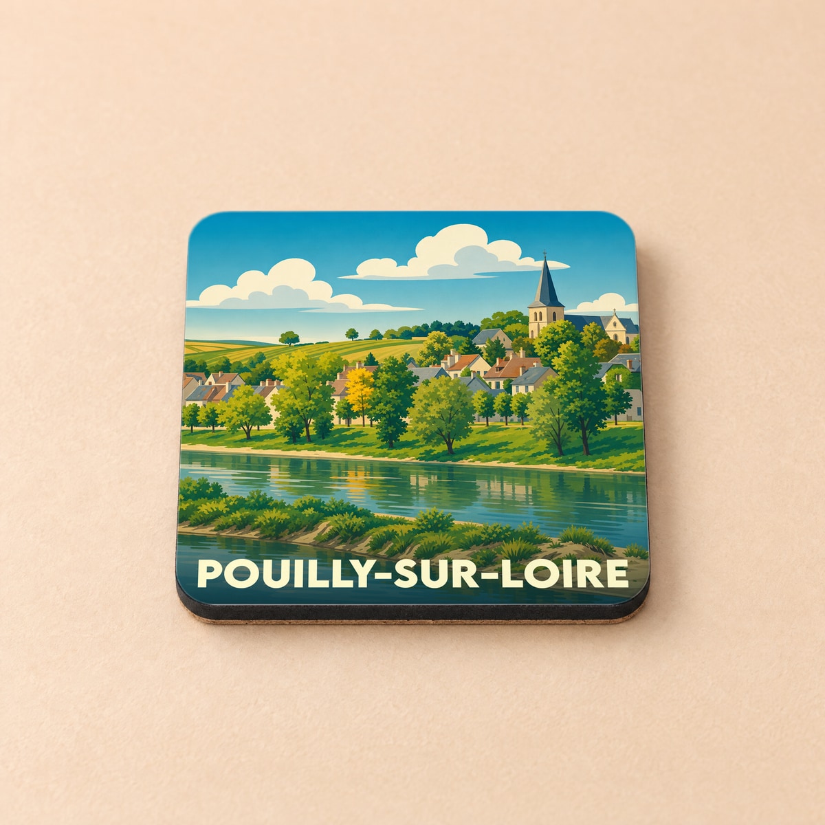 Dessous de verre souvenir de la ville de Pouilly-sur-Loire avec une illustration stylisée des bords de Loire.