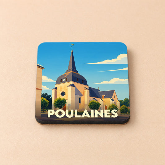 Dessous de verre souvenir de la ville de Poulaines avec une illustration stylisée de son église.