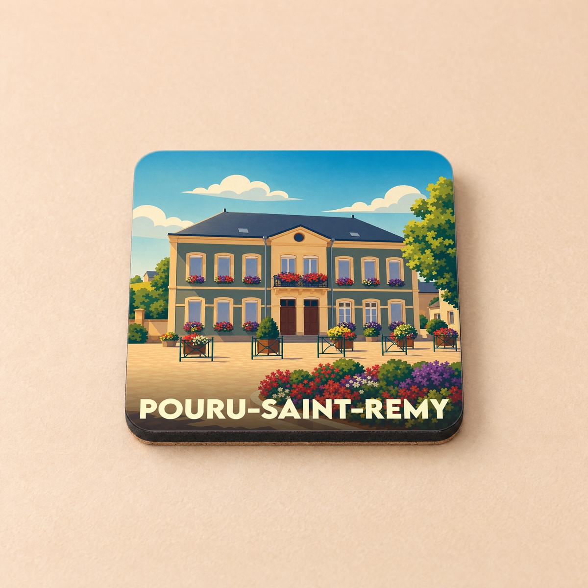 Dessous de verre souvenir de la ville de Pouru-Saint-Remy avec une illustration colorée et fleurie.