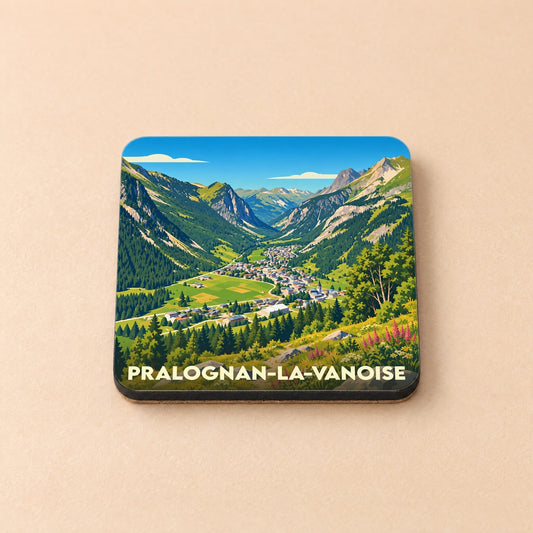 Dessous de verre souvenir de Pralognan-la-Vanoise illustré d'un paysage de montagne stylisé.