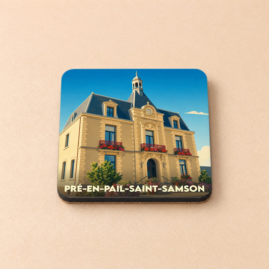 Dessous de verre souvenir de la ville de Pré-en-Pail-Saint-Samson avec une illustration stylisée de sa mairie.