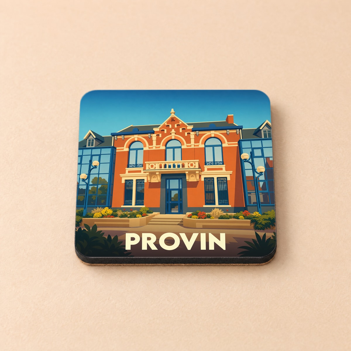 Dessous de verre souvenir de la ville de Provin avec une illustration stylisée de l'hôtel de ville.