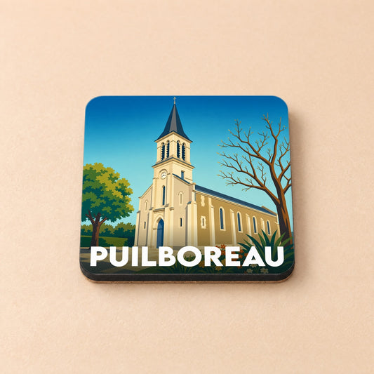 Dessous de verre souvenir de la ville de Puilboreau avec une illustration stylisée de son église.