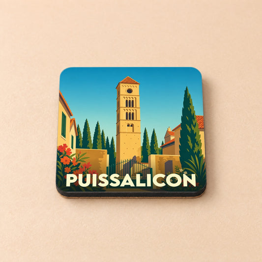 Dessous de verre souvenir de la ville de Puissalicon avec une illustration stylisée de sa tour romane.