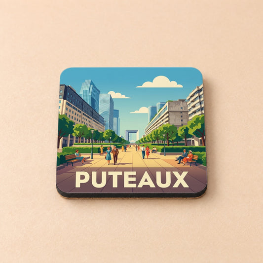Dessous de verre souvenir de la ville de Puteaux avec une illustration stylisée de La Défense.