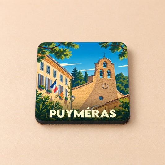 Dessous de verre souvenir de la ville de Puyméras avec une illustration stylisée de son église et de la mairie.