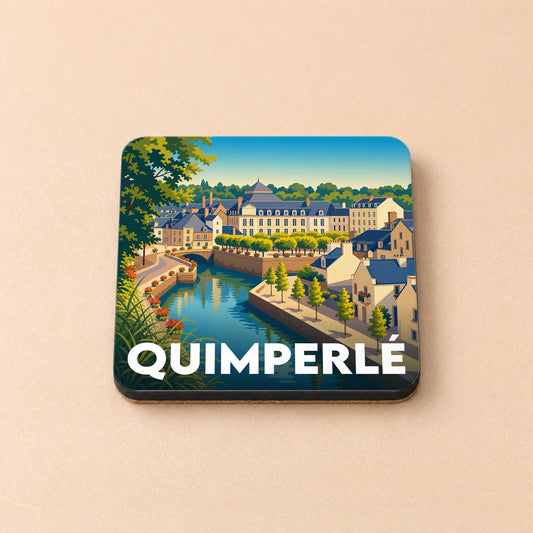 Dessous de verre souvenir de la ville de Quimperlé avec une illustration stylisée.