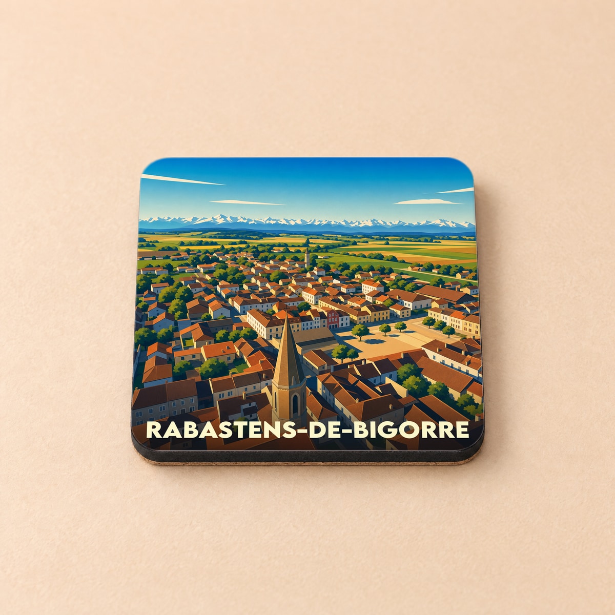 Dessous de verre souvenir de la ville de Rabastens-de-Bigorre avec une illustration stylisée.