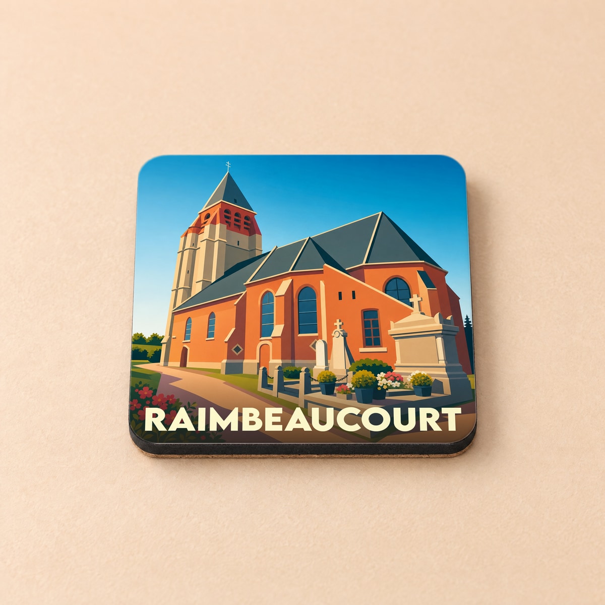 Dessous de verre souvenir de la ville de Raimbeaucourt avec une illustration stylisée de son église.