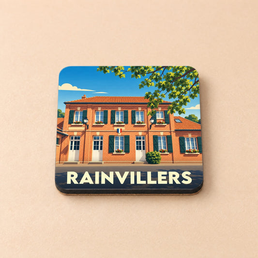 Dessous de verre souvenir de la ville de Rainvillers avec une illustration stylisée d'un bâtiment en briques.