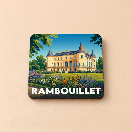 Dessous de verre souvenir de la ville de Rambouillet avec une illustration stylisée de son château et de ses jardins.