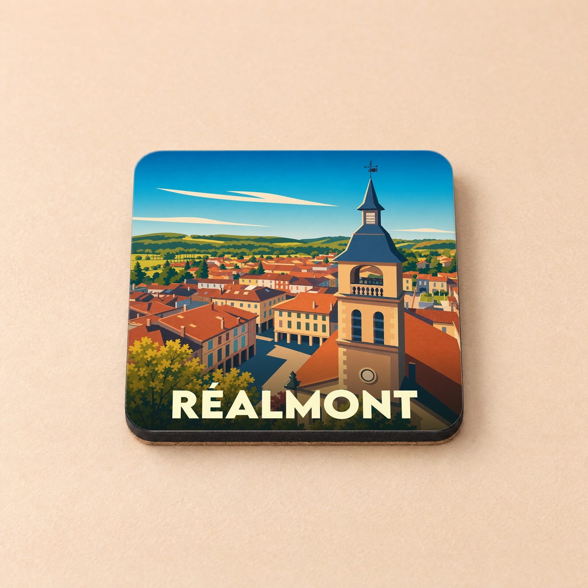 Dessous de verre souvenir de la ville de Réalmont avec une illustration stylisée.