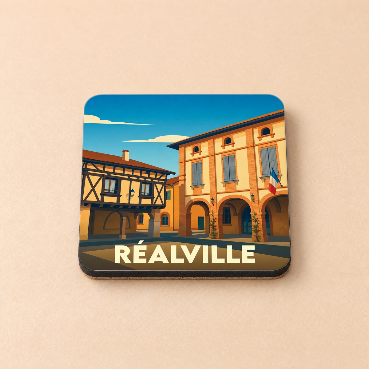 Dessous de verre souvenir de la ville de Réalville avec une illustration stylisée.