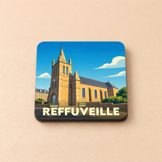 Dessous de verre souvenir de la ville de Reffuveille avec une illustration stylisée de son église.