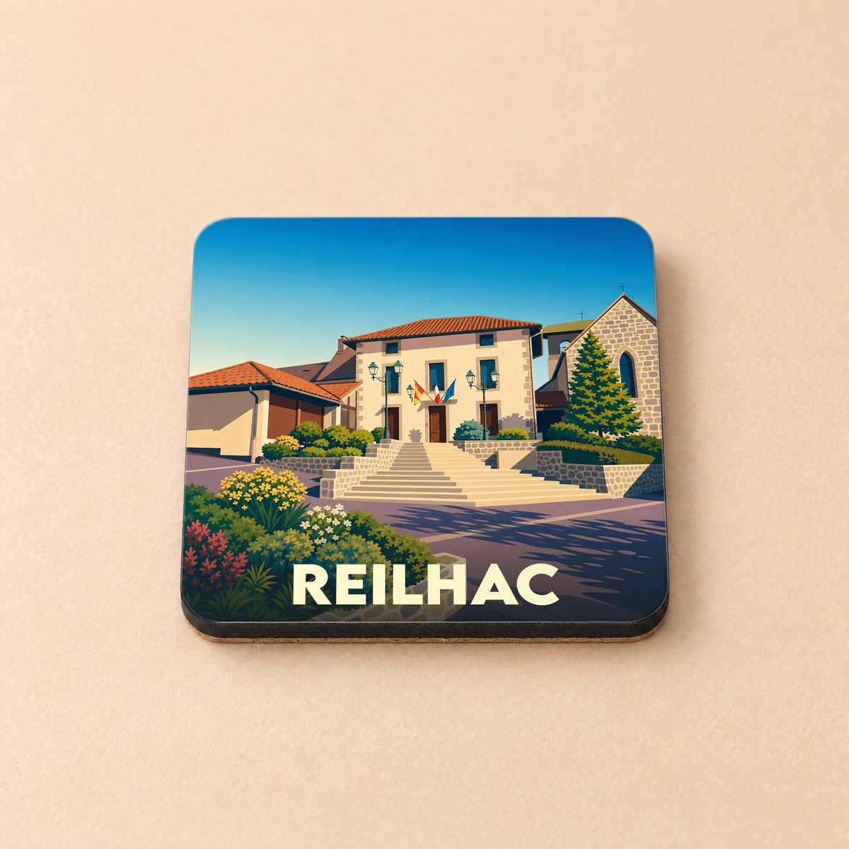 Dessous de verre souvenir de la ville de Reilhac avec une illustration stylisée du centre-bourg.