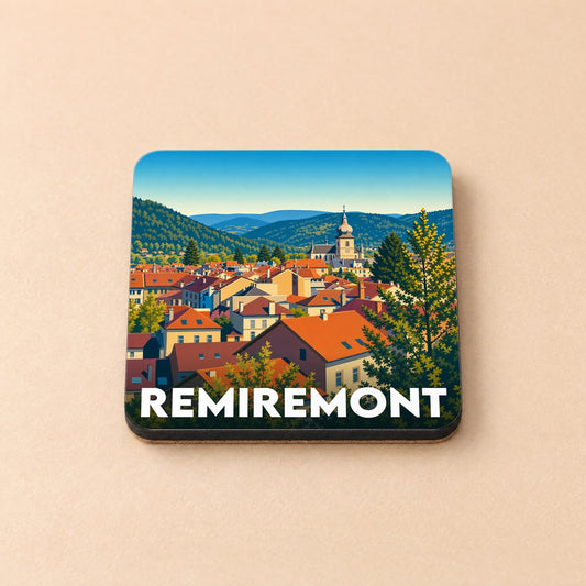 Dessous de verre souvenir de la ville de Remiremont avec une illustration stylisée.