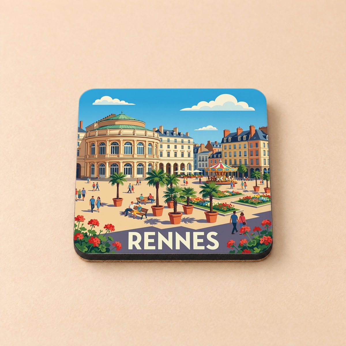 Dessous de verre souvenir de la ville de Rennes avec une illustration stylisée de l'Opéra et de la place de la Mairie.