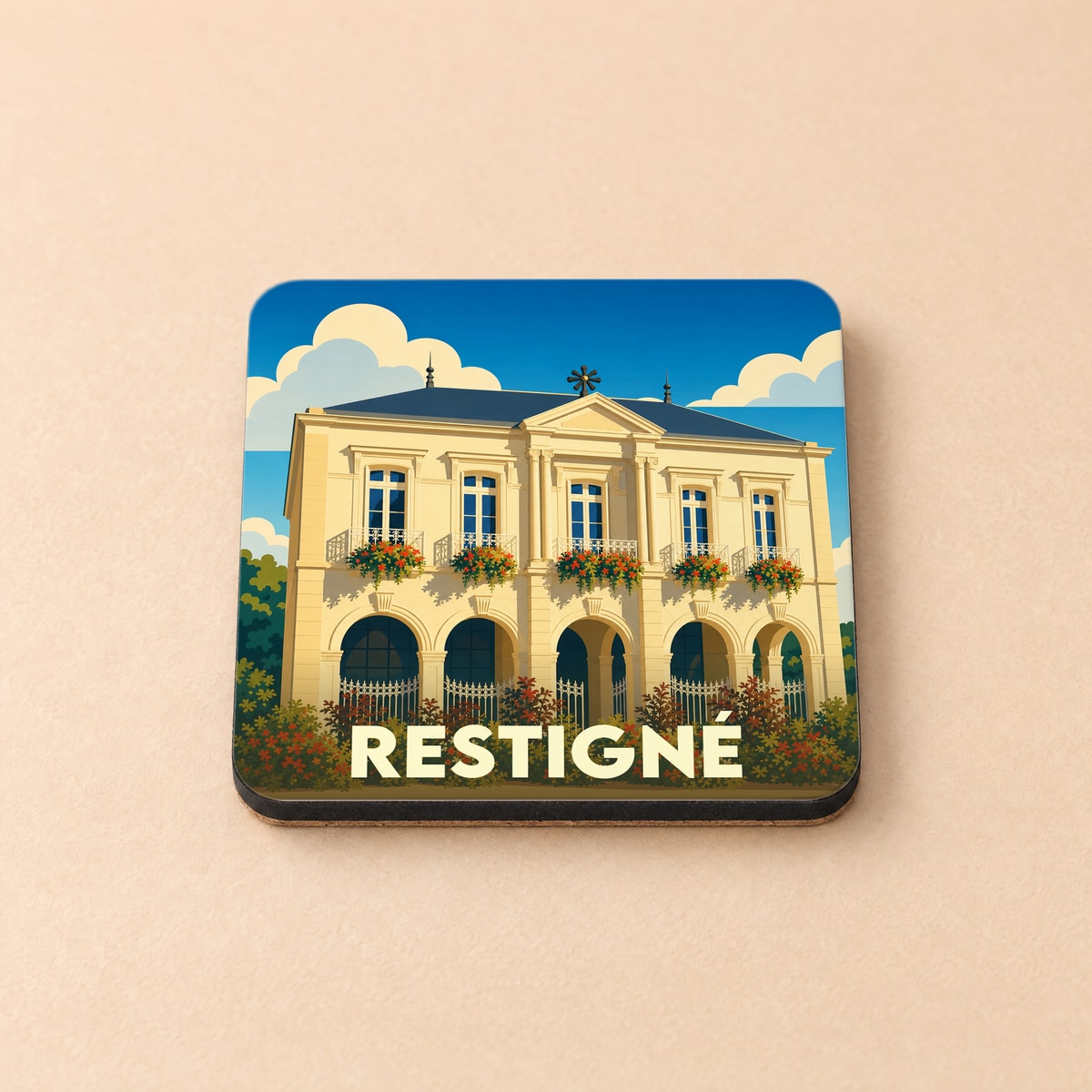 Dessous de verre souvenir de la ville de Restigné avec une illustration stylisée de son hôtel de ville.