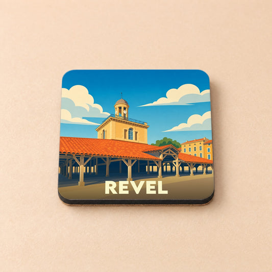 Dessous de verre souvenir de la ville de Revel avec une illustration stylisée de sa halle centrale.