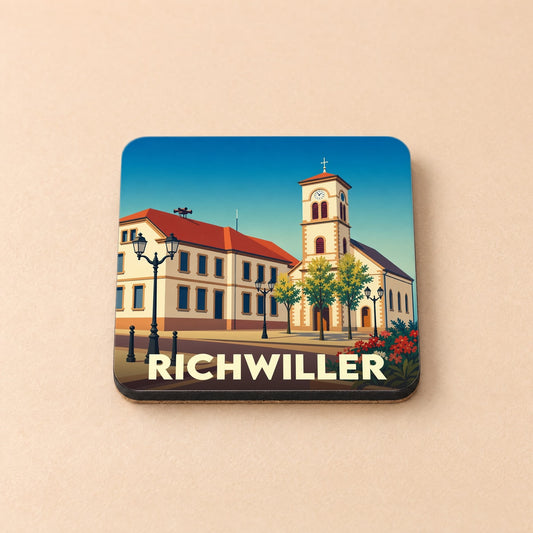 Dessous de verre souvenir de la ville de Richwiller avec une illustration stylisée.