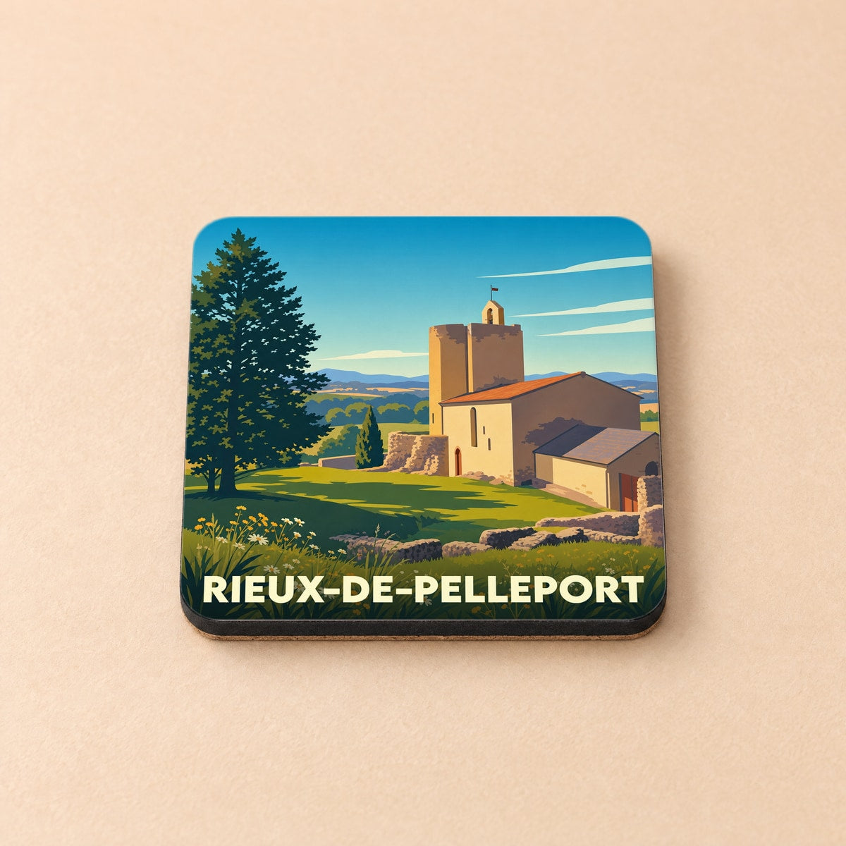 Dessous de verre souvenir de la ville de Rieux-de-Pelleport avec une illustration stylisée de son patrimoine.