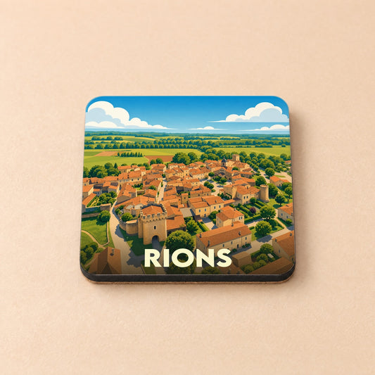 Dessous de verre souvenir de la ville de Rions avec une illustration stylisée.
