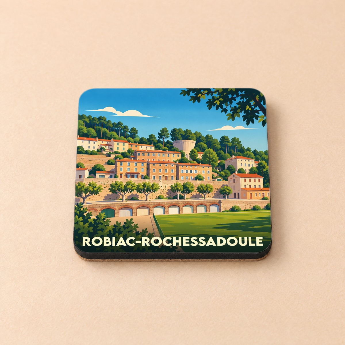 Dessous de verre souvenir de la ville de Robiac-Rochessadoule avec une illustration stylisée.