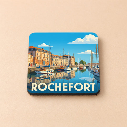 Dessous de verre souvenir de la ville de Rochefort avec une illustration stylisée de son port de plaisance.
