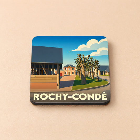 Dessous de verre souvenir de la ville de Rochy-Condé avec une illustration stylisée.