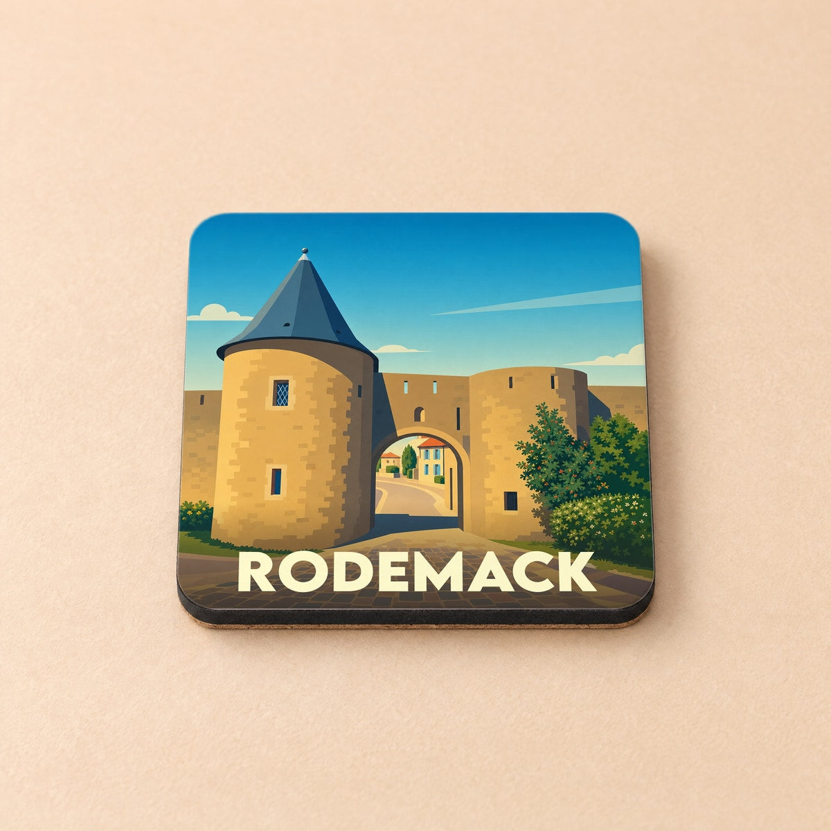 Dessous de verre souvenir de la ville de Rodemack avec une illustration stylisée de ses remparts médiévaux.