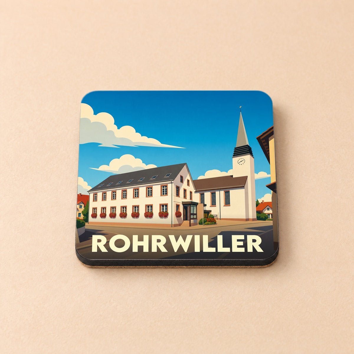 Dessous de verre souvenir de la ville de Rohrwiller avec une illustration stylisée.