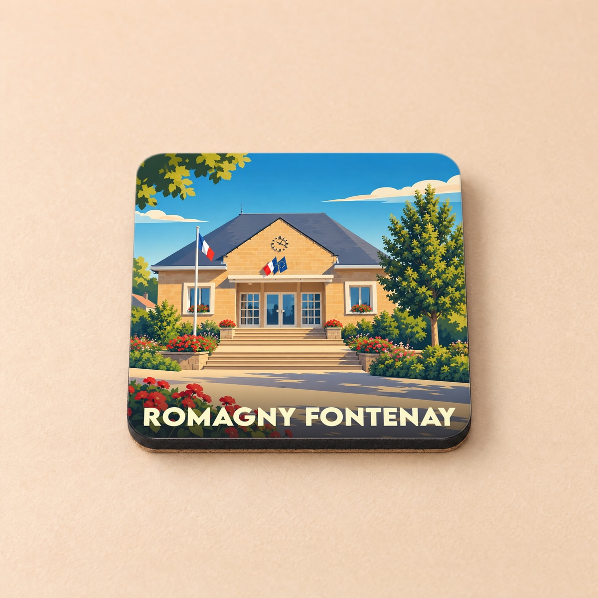 Dessous de verre souvenir de la ville de Romagny Fontenay avec une illustration stylisée de sa mairie.