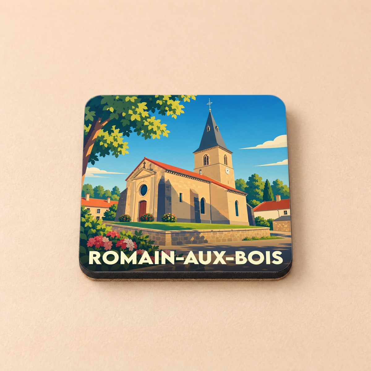 Dessous de verre souvenir de Romain-aux-Bois avec une illustration stylisée de son église.
