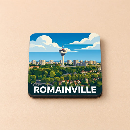 Dessous de verre souvenir de la ville de Romainville avec une illustration stylisée.