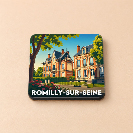 Dessous de verre souvenir de la ville de Romilly-sur-Seine avec une illustration stylisée de maisons bourgeoises.