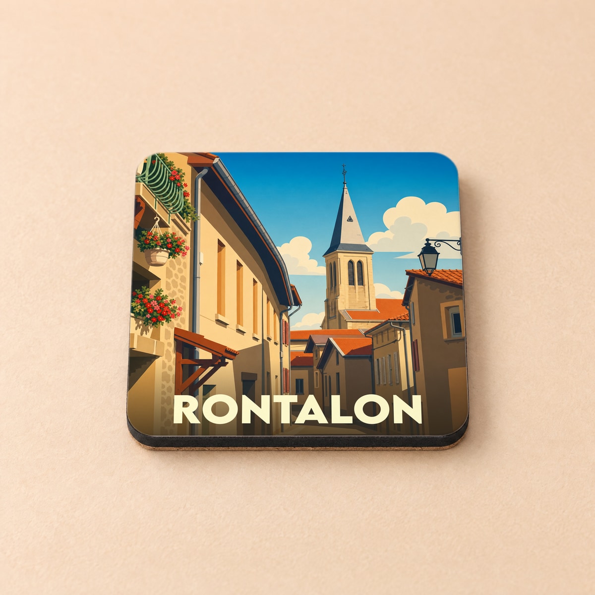 Dessous de verre souvenir de la ville de Rontalon avec une illustration stylisée d'une rue pittoresque et de son clocher.