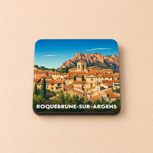 Dessous de verre souvenir de la ville de Roquebrune-sur-Argens avec une illustration stylisée du village et du Rocher.