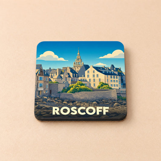 Dessous de verre souvenir de la ville de Roscoff avec une illustration stylisée de son front de mer.