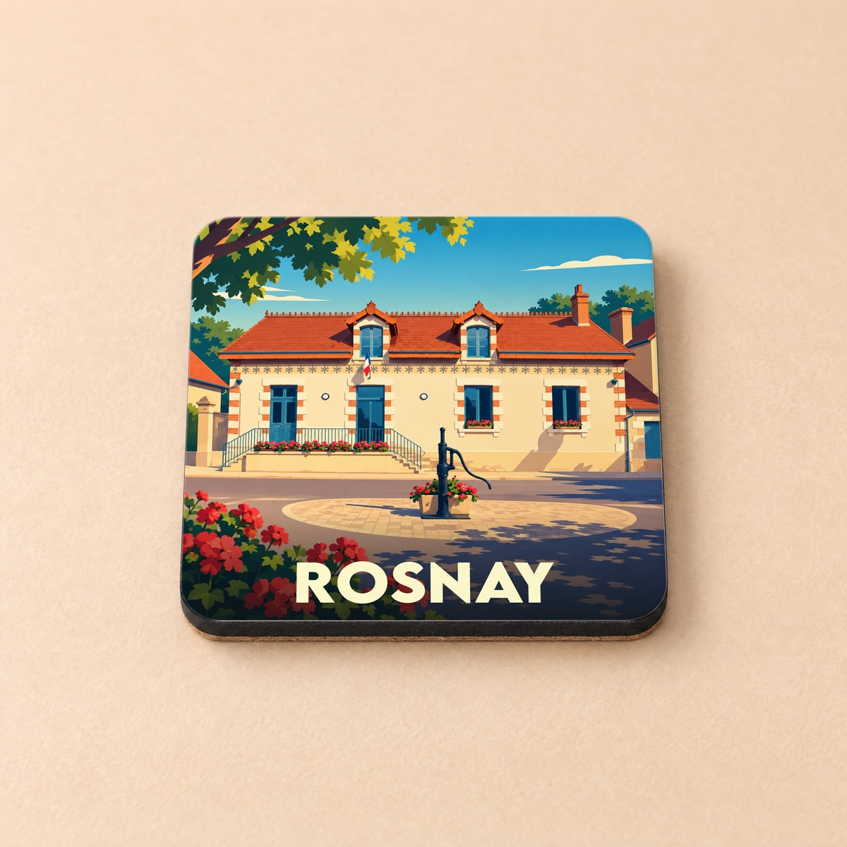 Dessous de verre souvenir de la ville de Rosnay avec une illustration stylisée d'une maison traditionnelle et de son puits.