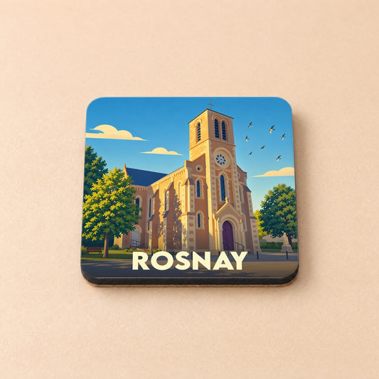 Dessous de verre souvenir de la ville de Rosnay illustré d'une église sous un ciel ensoleillé.