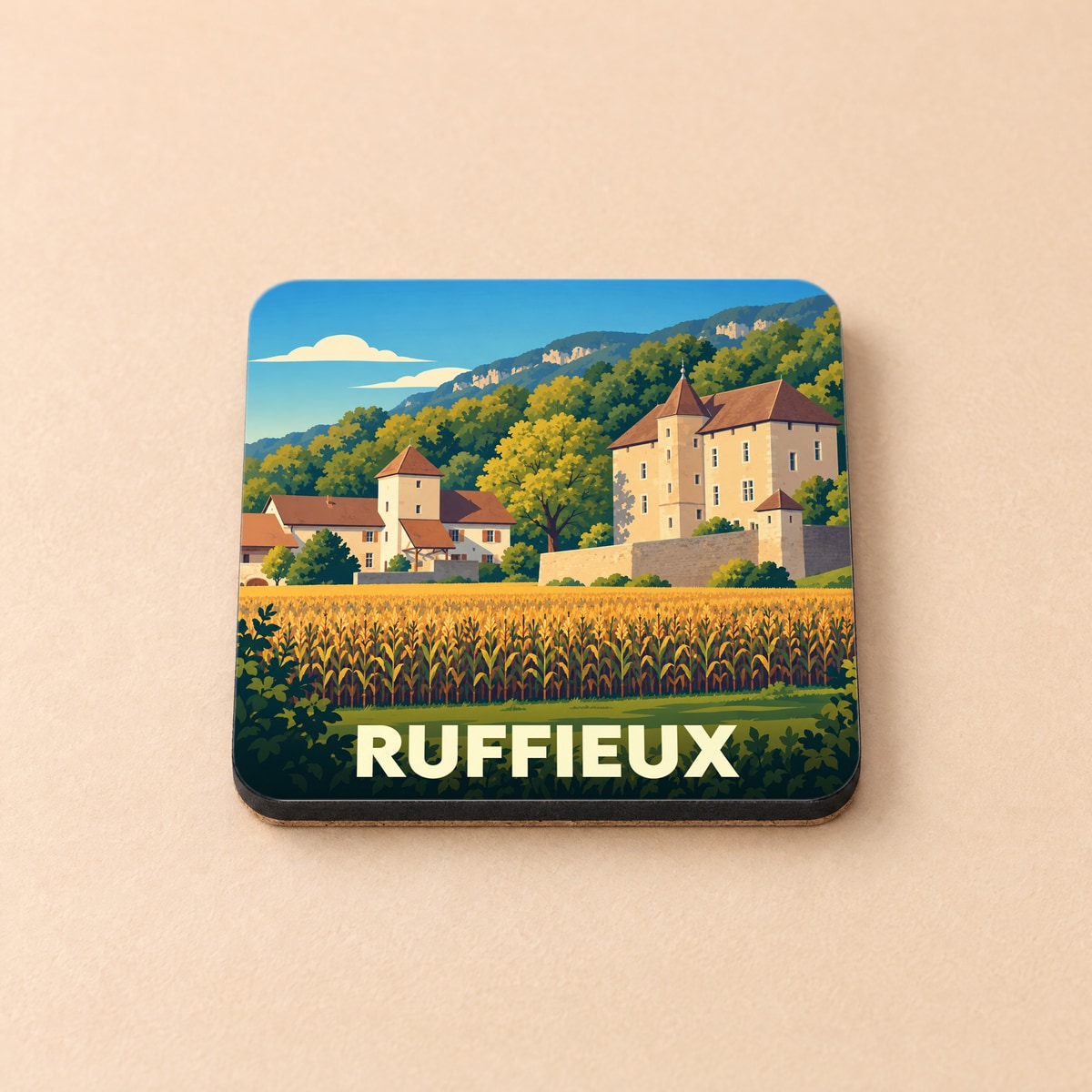 Dessous de verre souvenir de la ville de Ruffieux orné d'une illustration stylisée de son paysage et de ses monuments.