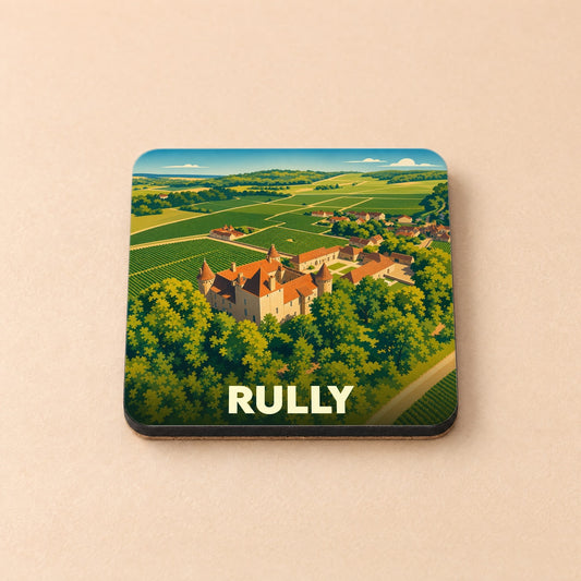 Dessous de verre souvenir de la ville de Rully avec une illustration stylisée de son château et de ses vignobles.