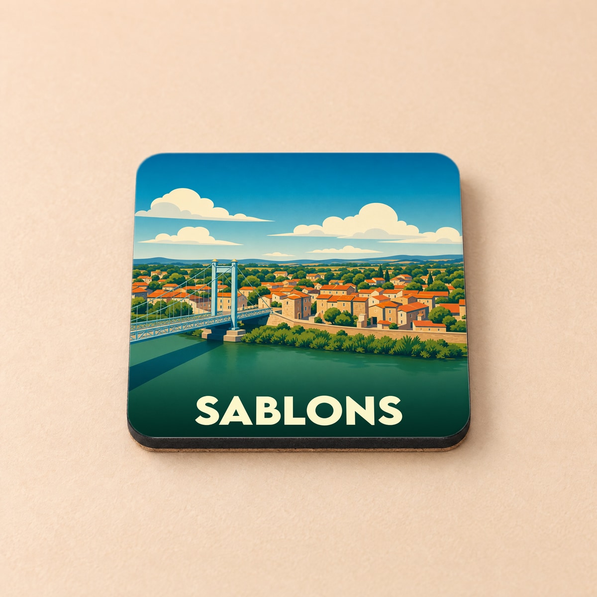 Dessous de verre souvenir de la ville de Sablons avec une illustration stylisée d'un pont et d'un village en bord de rivière.