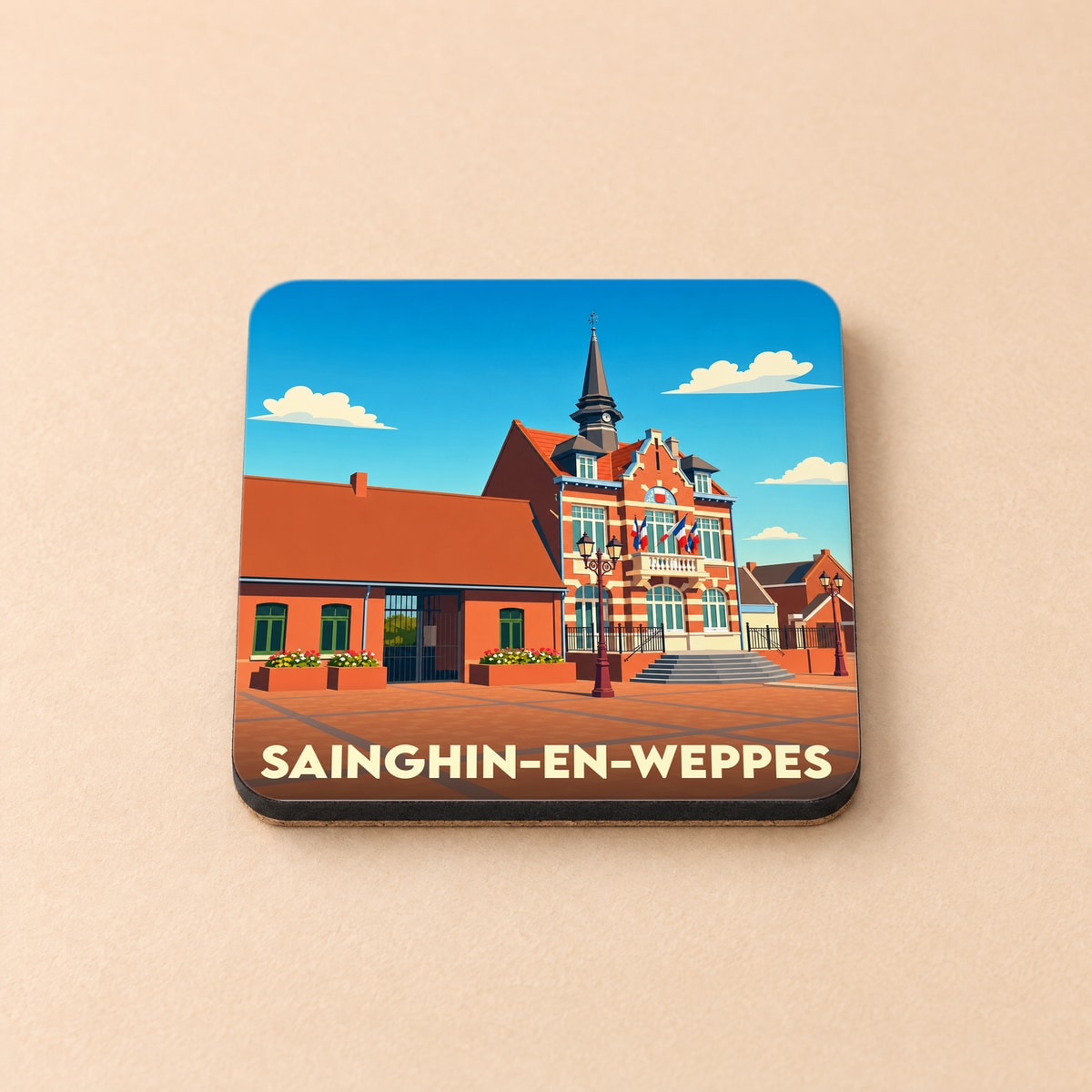 Dessous de verre souvenir de la ville de Sainghin-en-Weppes avec une illustration stylisée de la mairie.