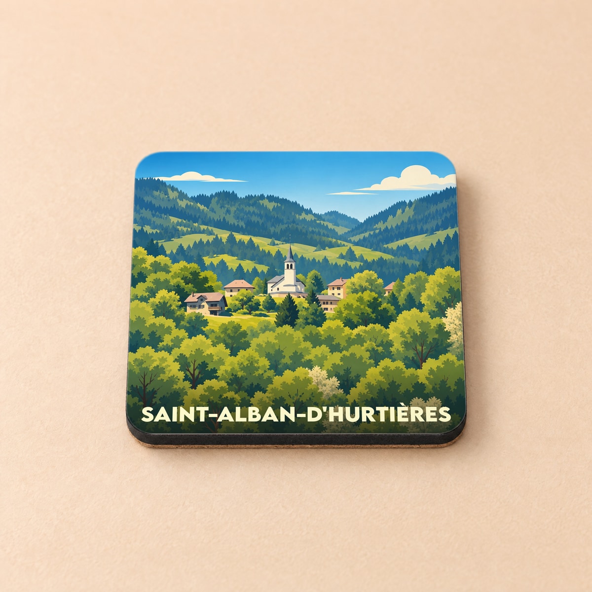 Dessous de verre souvenir de la ville de Saint-Alban-d'Hurtières avec une illustration stylisée de son paysage montagneux.