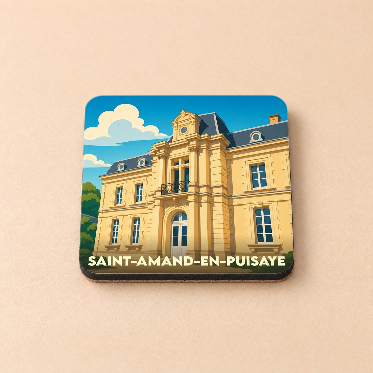 Dessous de verre souvenir de la ville de Saint-Amand-en-Puisaye avec une illustration stylisée de son château.