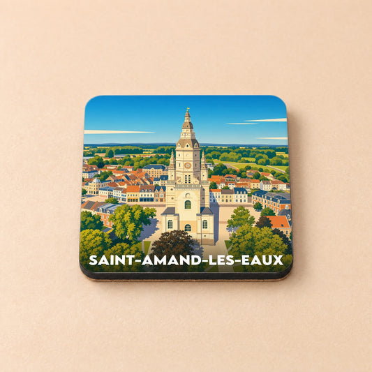 Dessous de verre souvenir de la ville de Saint-Amand-les-Eaux avec une illustration stylisée de son abbaye et de son paysage urbain.