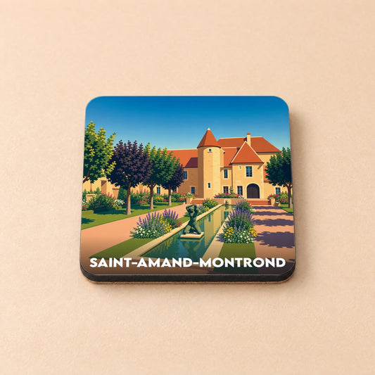 Dessous de verre souvenir de la ville de Saint-Amand-Montrond illustrant le musée Saint-Vic dans un style épuré.