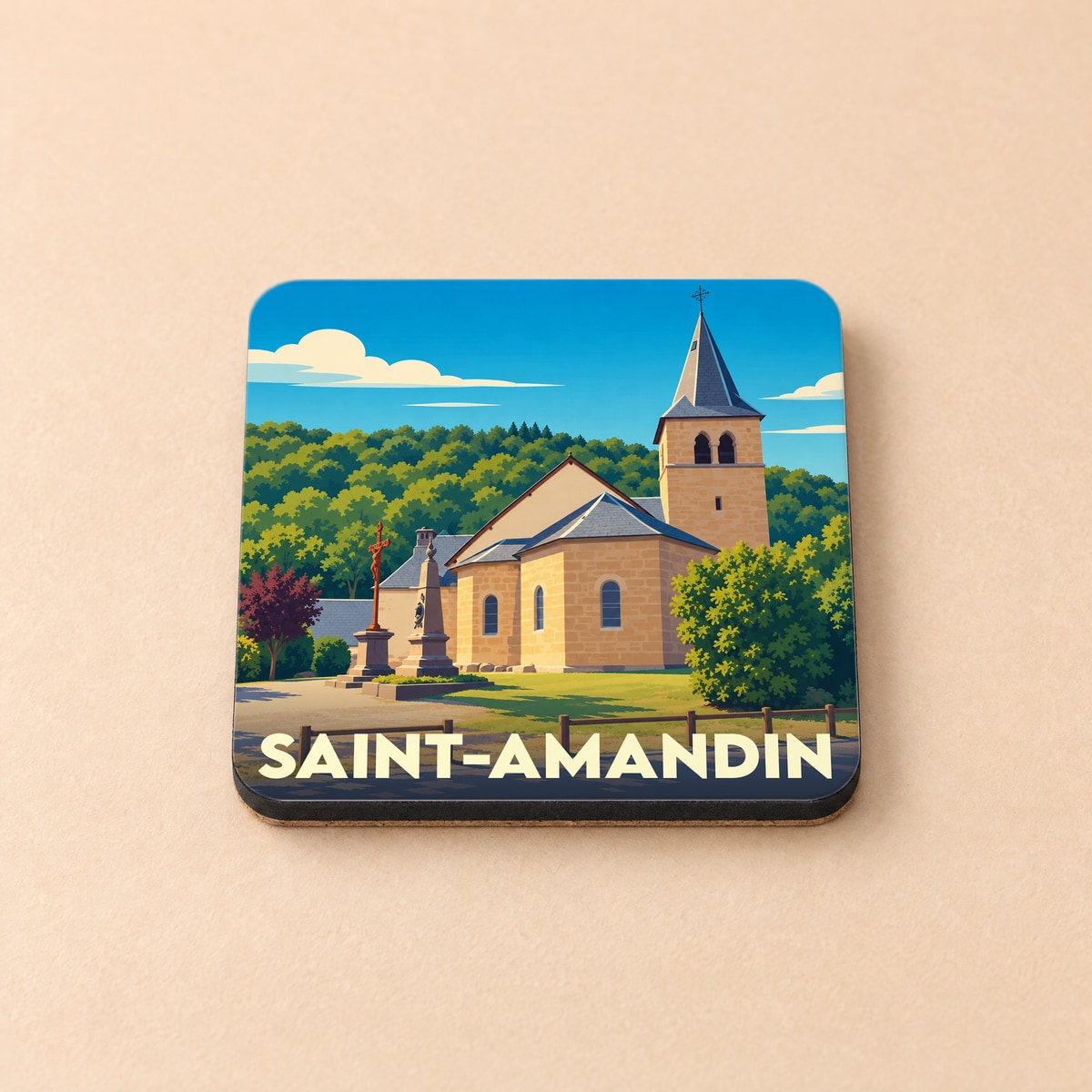 Dessous de verre souvenir de la ville de Saint-Amandin avec une illustration stylisée de son église.