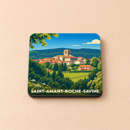Dessous de verre souvenir de la ville de Saint-Amant-Roche-Savine avec une illustration stylisée.
